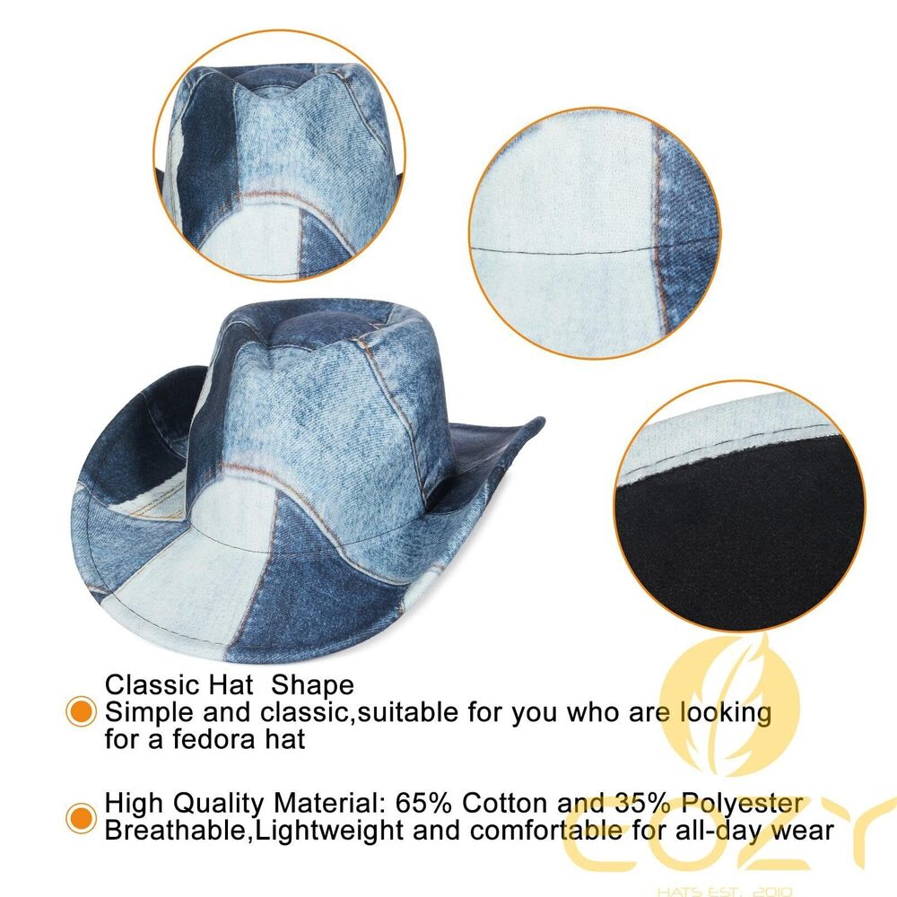 3574 Tie Dye Denim Patchwork Cowboy Hat For Women Men Western Wide Brim - Picture 5 of 7